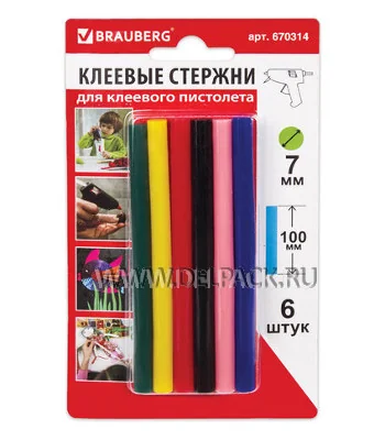 Клеевые стержни 7х100 цветные / BRAUBERG 670314 (уп. 6 шт)